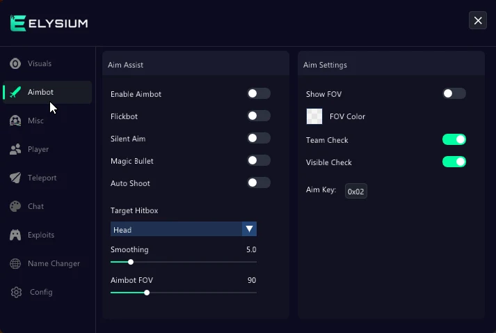 Hood Warfare 2 cheat Aimbot tab: flickbot, silent aim, auto shoot, hitbox, smoothing, FOV and team check