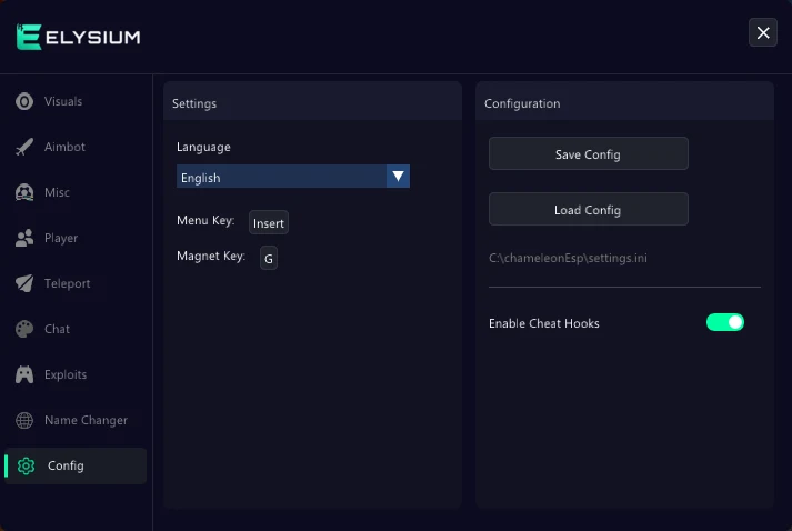 Hood Warfare 2 cheat Config tab: save config, load config, menu key and language