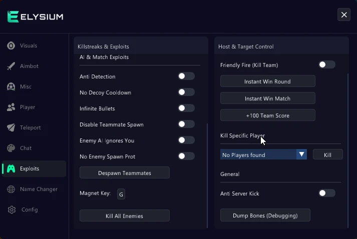 Hood Warfare 2 cheat Exploits tab: friendly fire, instant win round, instant win match and anti server kick