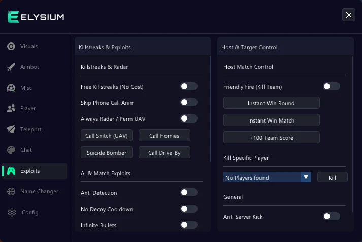 Hood Warfare 2 cheat Exploits tab: free killstreaks, always radar, call-ins, anti detection and infinite bullets
