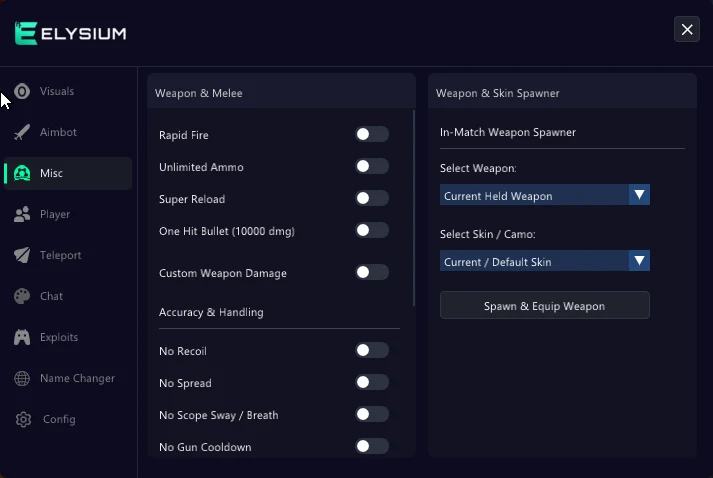 Hood Warfare 2 cheat Misc tab: rapid fire, unlimited ammo, one hit bullet, no recoil and weapon and skin spawner
