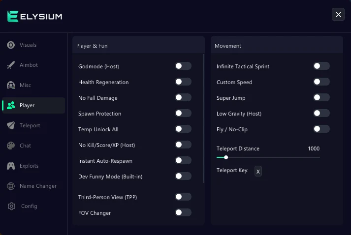 Hood Warfare 2 cheat Player tab: godmode, instant auto-respawn, custom speed, super jump, low gravity and fly
