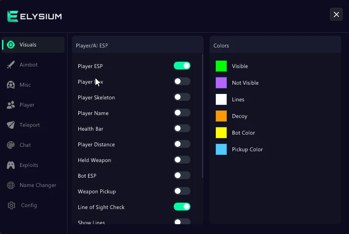 Hood Warfare 2 cheat Visuals tab: player ESP, box, skeleton, name, health bar, bot ESP and weapon pickup ESP